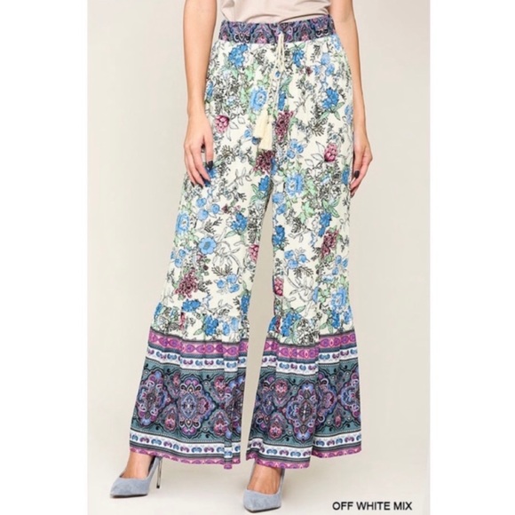 New! Sale 🔥Floral Boho Wide Leg Drawstring Tassels Tie Waist Ruffled Hem Pants - Picture 3 of 7